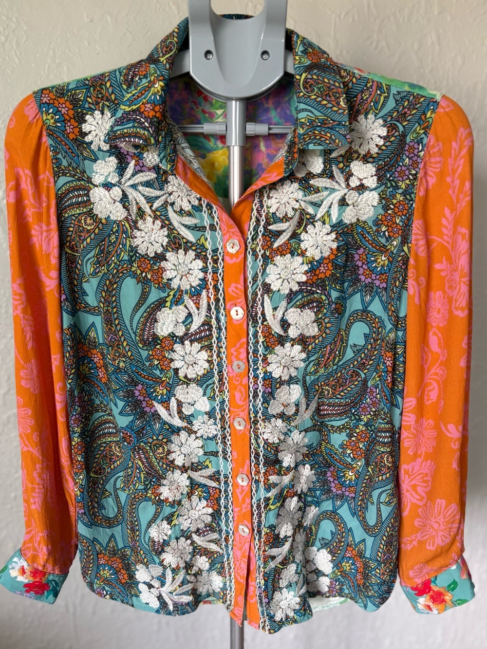 John Mark Petite PS Embroidered Mixed Print Paisley Button Front Blouse
